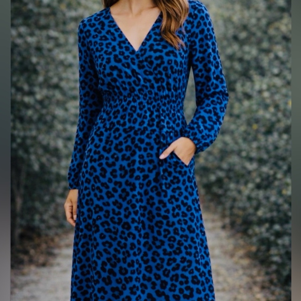 Banana Republic Blue Leopard Midi Dress L Long Sleeve V Neck Work Office Dress